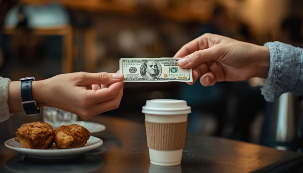 A pair of hands exchanging a crisp $20 bill for a small paper coffee cup