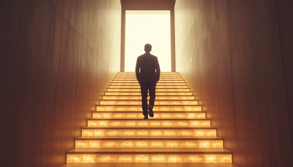 A person walking confidently up a modern, well-lit staircase made of glowing