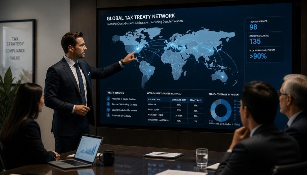 A professional tax advisor pointing at a complex global map