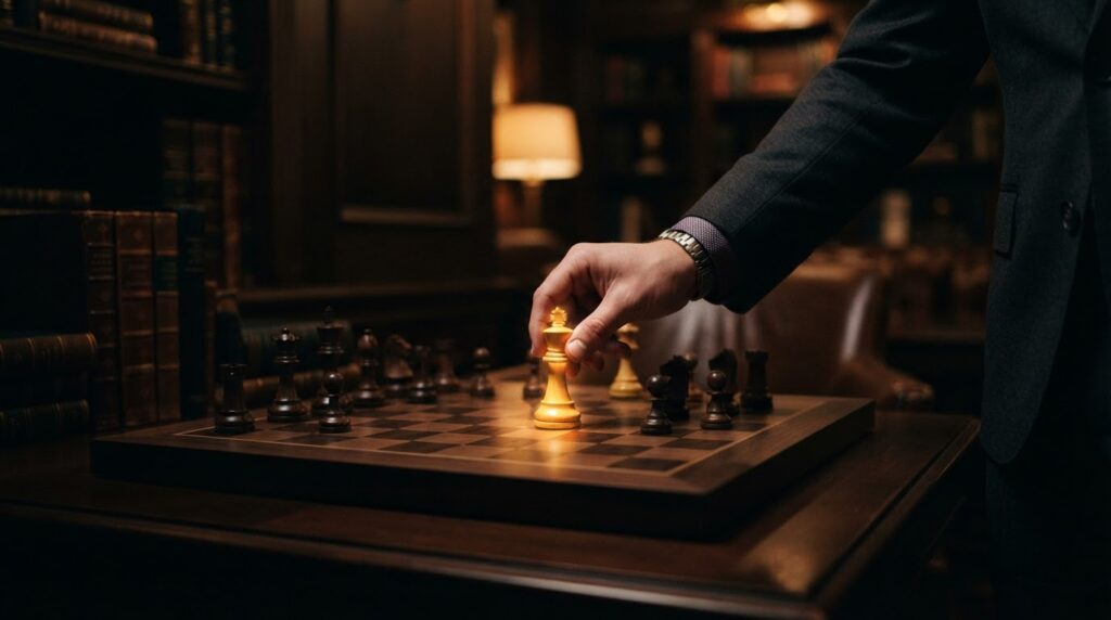 A single, glowing golden chess piece (a king) is being placed on the board