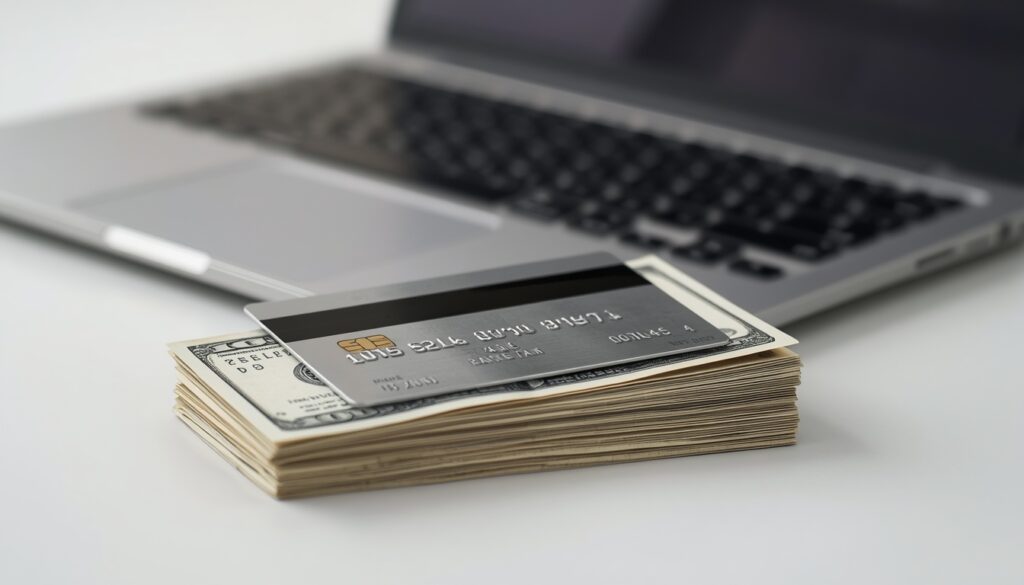 A sleek, metallic secured credit card resting neatly on top of a neat stack of hundred-dollar bills