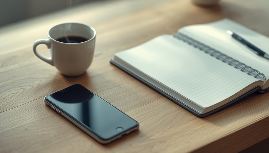 A smartphone is placed face down on a wooden desk