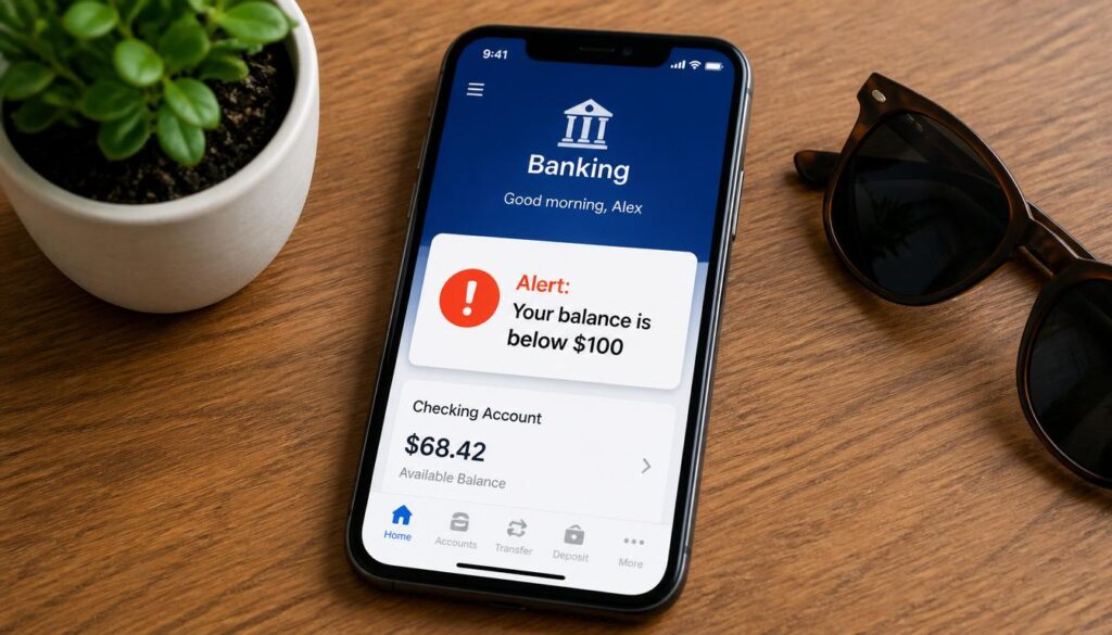A smartphone screen displaying a banking app notification that reads Alert
