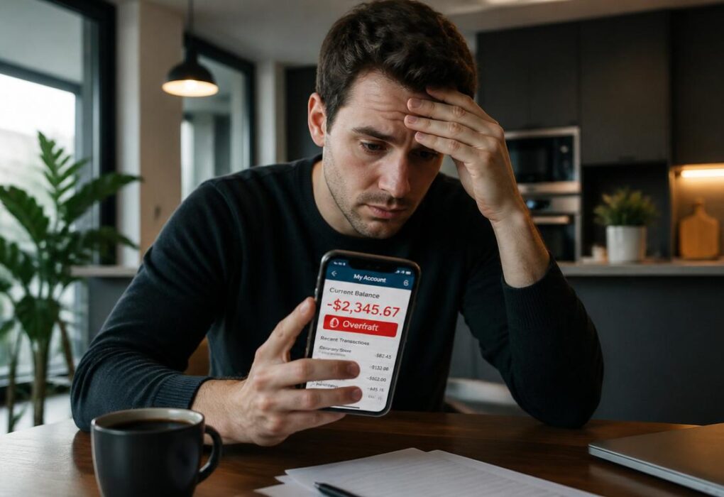 A stressed young professional looking at a smartphone banking app