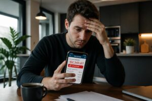 A stressed young professional looking at a smartphone banking app