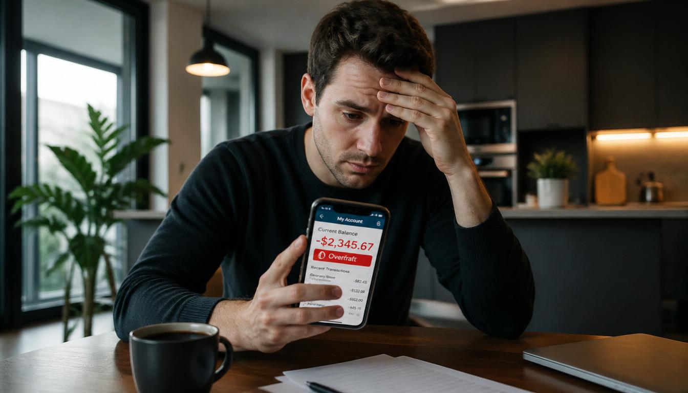 A stressed young professional looking at a smartphone banking app