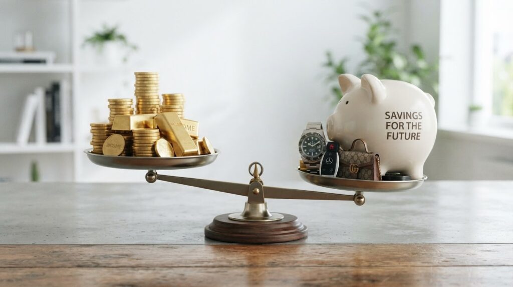 On one side, a heavy stack of gold coins representing income.
