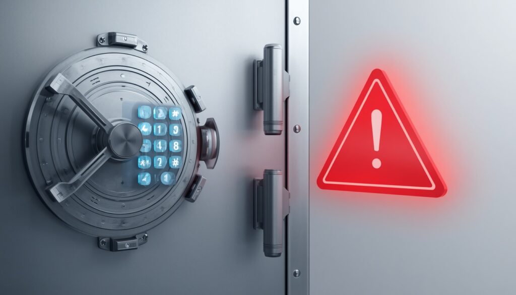 a locked vault door with a digital keypad
