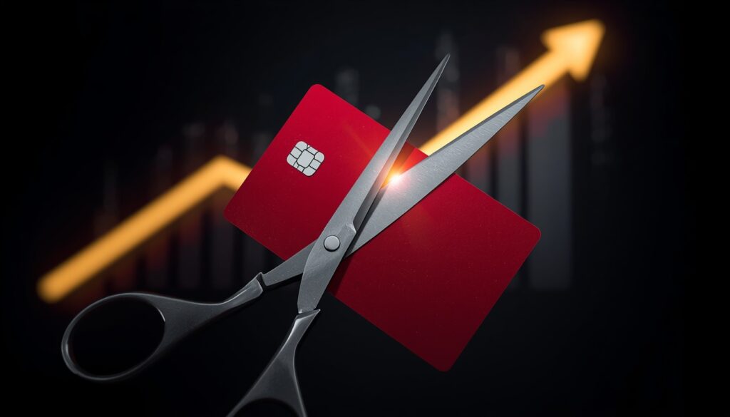 a pair of scissors cutting through a red credit card