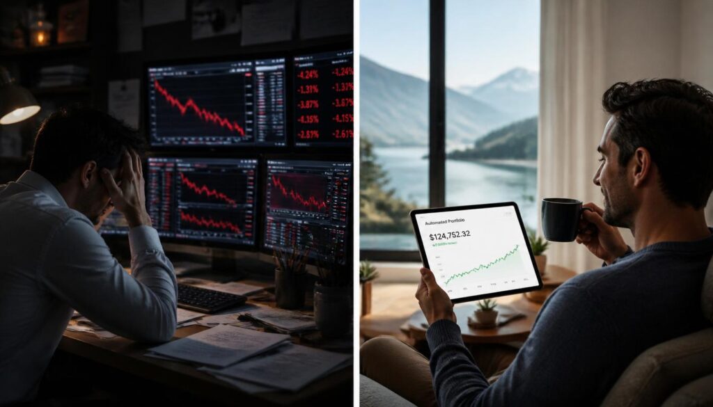 a stressed person looking at multiple chaotic computer screens