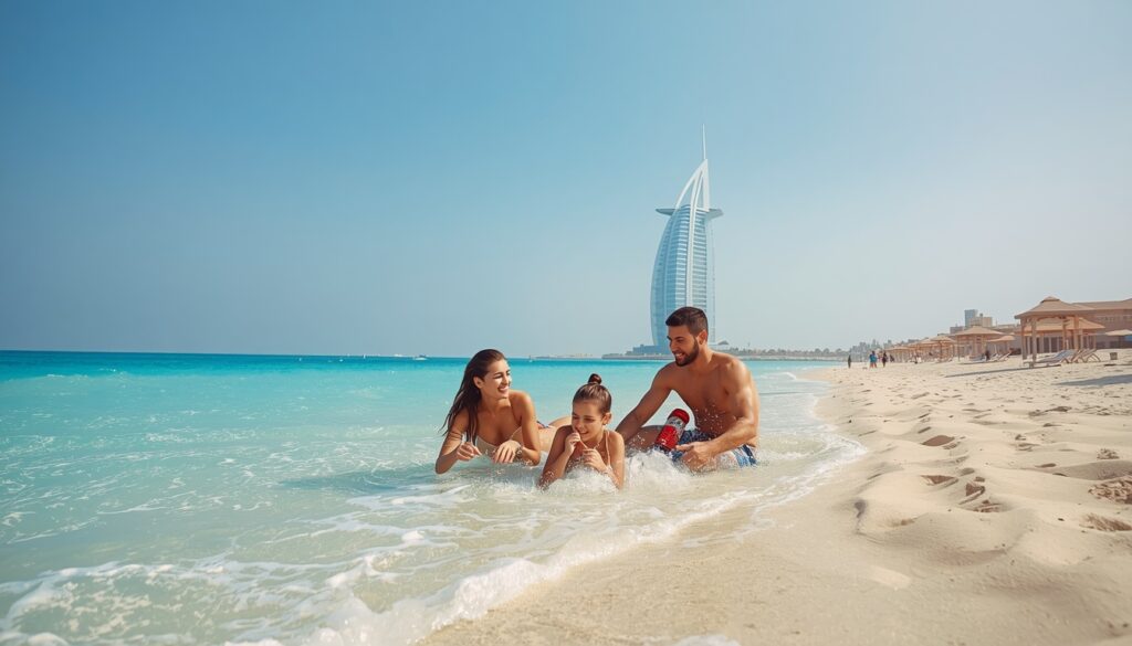 family enjoying a pristine, sunny beach in Dubai