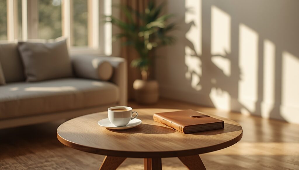 high-quality wooden table with a single, elegant cup of coffee
