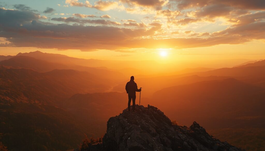 inspiring landscape shot of a person standing at the peak of a mountain