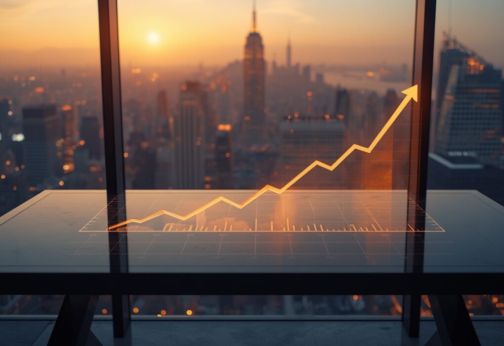 modern glass desk overlooking a bustling city skyline at golden hour