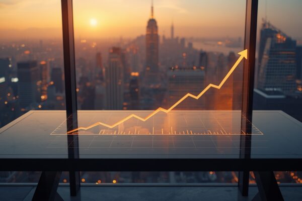 modern glass desk overlooking a bustling city skyline at golden hour