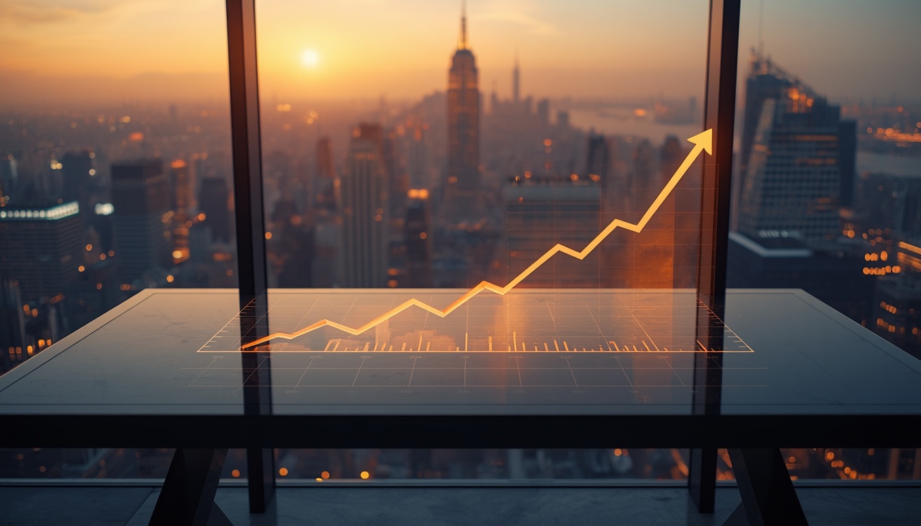 modern glass desk overlooking a bustling city skyline at golden hour