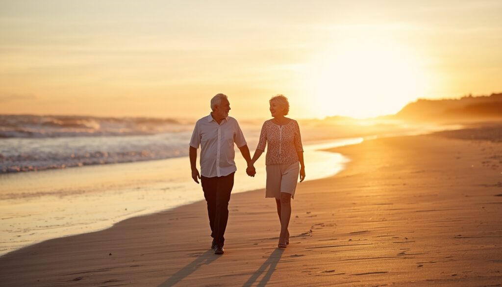 older couple walking peacefully on a beautiful beach