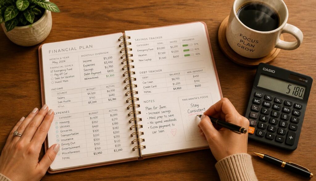 person’s hands writing in a detailed financial planner