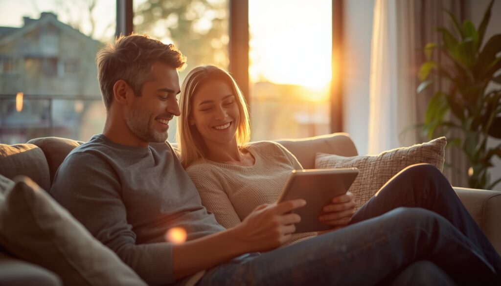 relaxed couple sitting on a comfortable couch in a beautifully lit