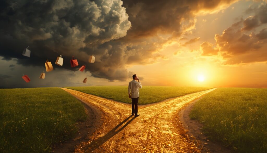 showing a person standing at a crossroads