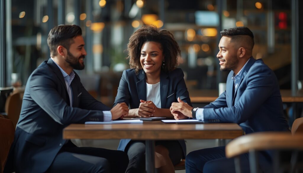 three diverse professionals in smart casual attire sitting around