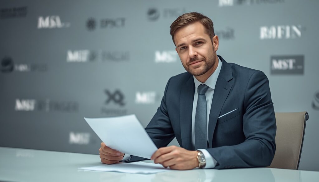 trustworthy-looking financial journalist in a sharp suit