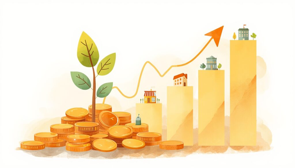 A_cheerful_illustration_of_a_small_seedling_growing_out_of_a_pile_of_coins_with_-0