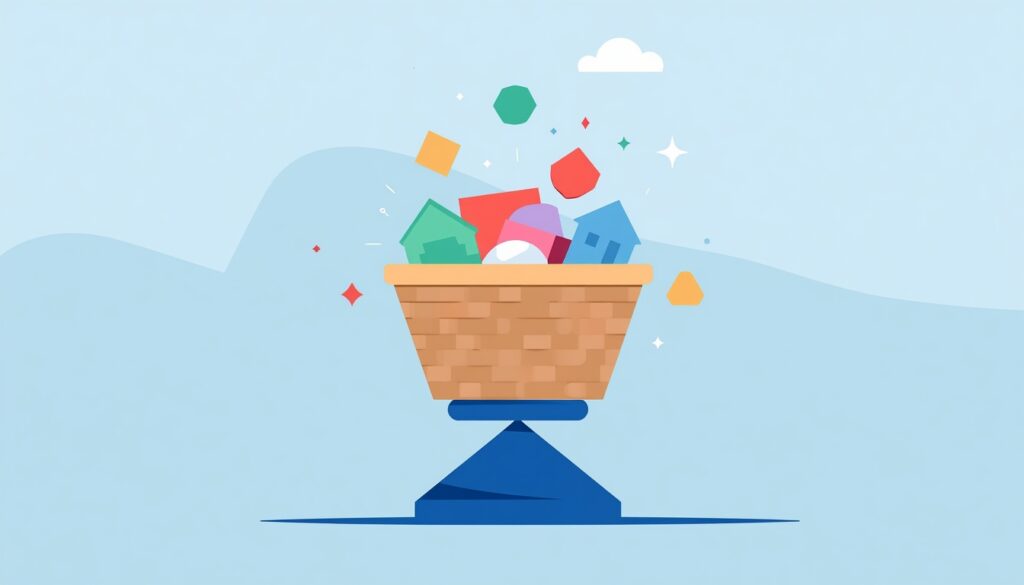 A balanced basket of colorful geometric shapes representing a diversified investment portfolio and risk management through asset allocation.