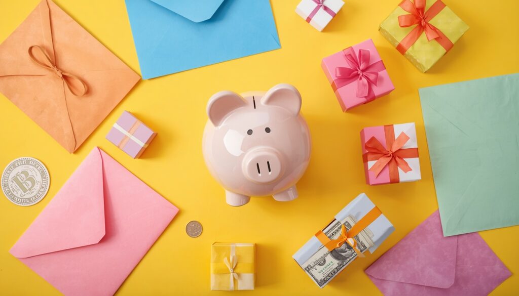 A cheerful flat-lay of assorted envelopes and small gift boxes arranged around a piggy bank