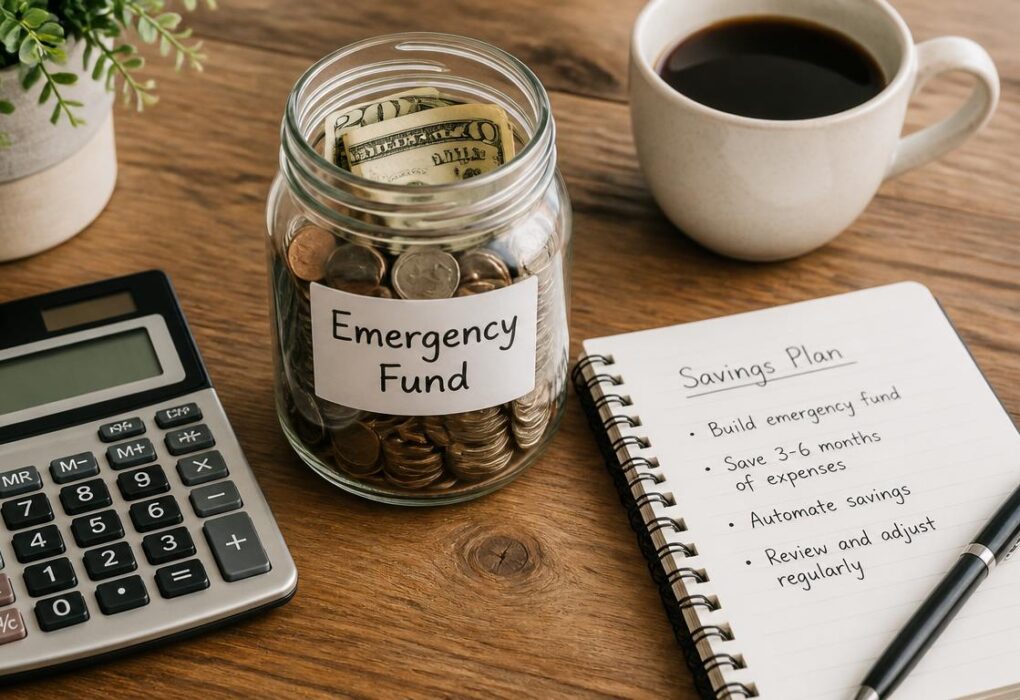 A clean, modern flat-lay photograph of a glass jar labeled Emergency Fund filled with coins and folded bills