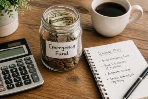 A clean, modern flat-lay photograph of a glass jar labeled Emergency Fund filled with coins and folded bills