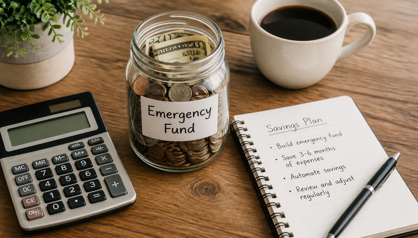 A clean, modern flat-lay photograph of a glass jar labeled Emergency Fund filled with coins and folded bills