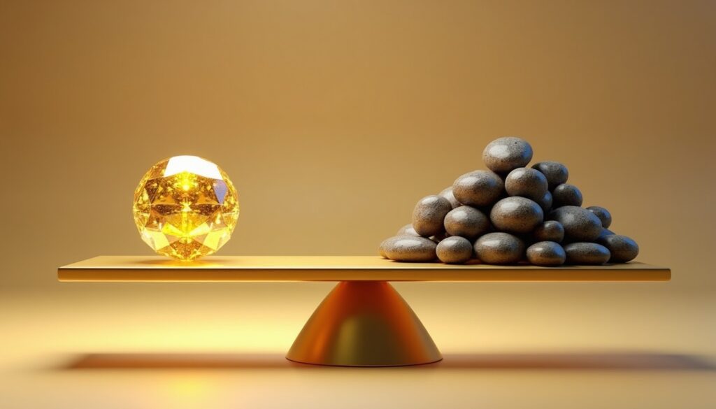 A conceptual 3D render of a balanced golden scale