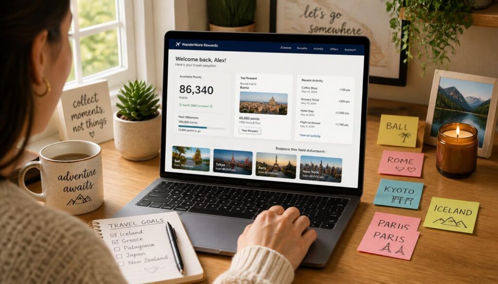 A cozy scene of a person reviewing a travel rewards dashboard on a laptop