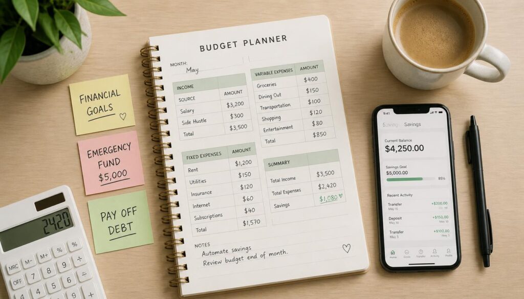 A flat-lay overhead shot of a clean desk with a budget planner