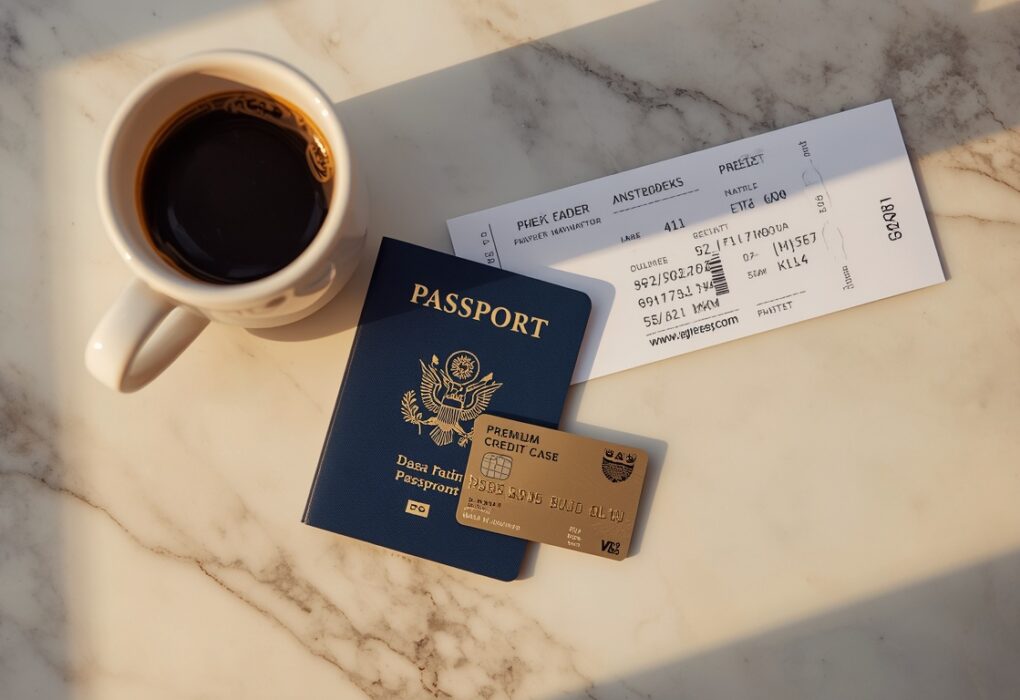 A flat-lay photograph of a passport, boarding pass, and a premium credit card