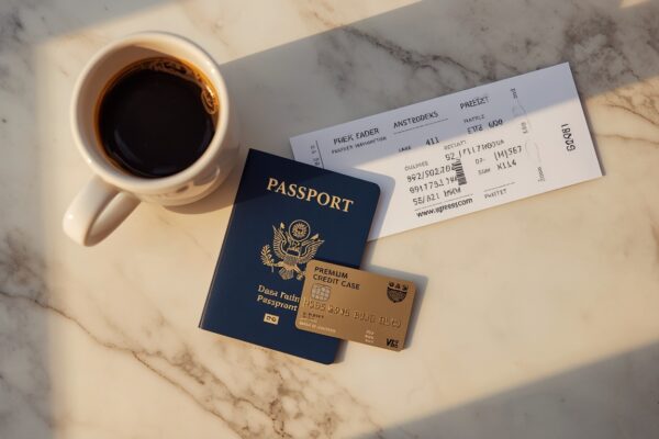 A flat-lay photograph of a passport, boarding pass, and a premium credit card