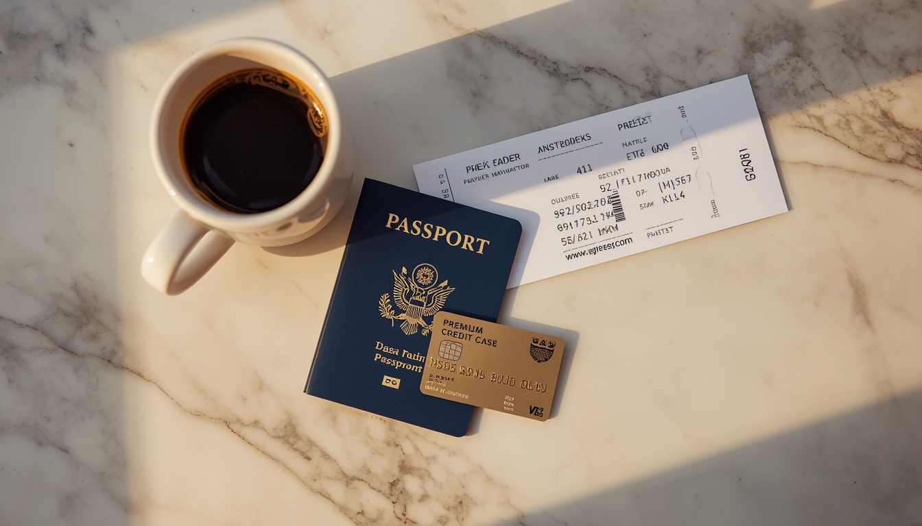 A flat-lay photograph of a passport, boarding pass, and a premium credit card