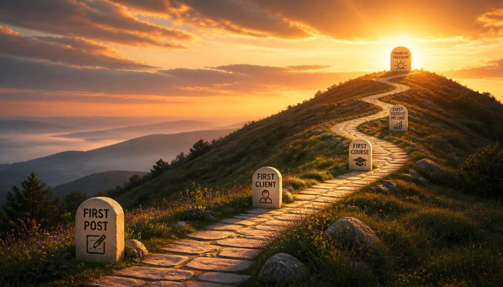 A panoramic view of a winding path leading up a hill toward a glowing sunrise