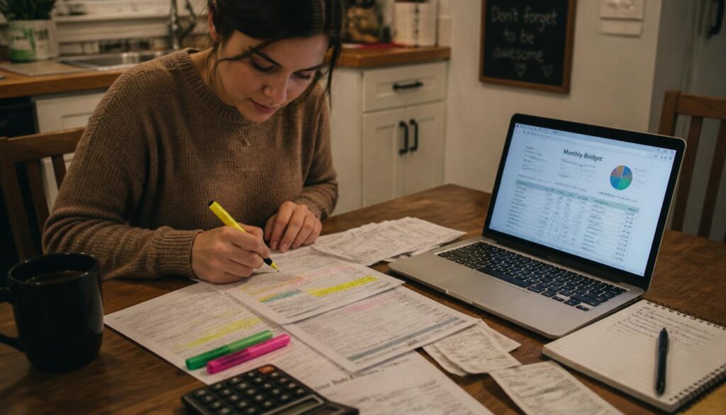 A person sitting at a kitchen table reviewing printed bank statements and receipts