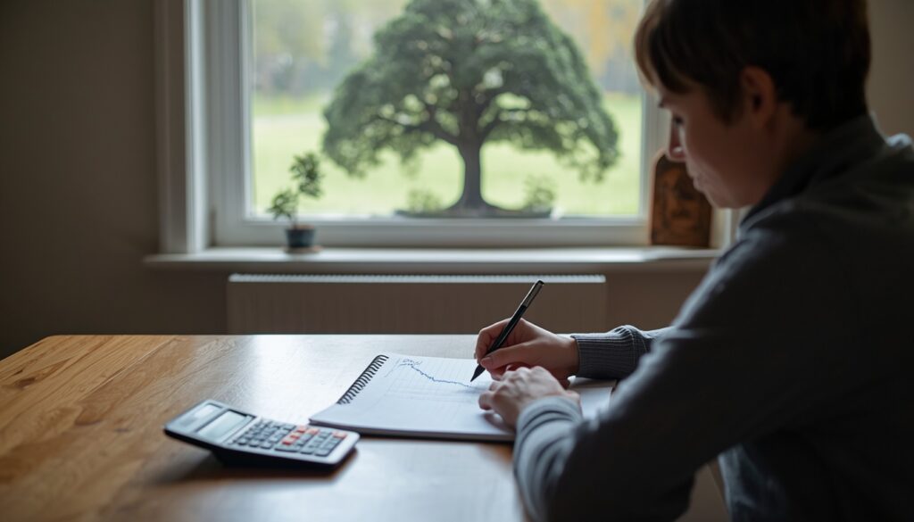 A person sitting at a simple kitchen table with a notebook and calculator