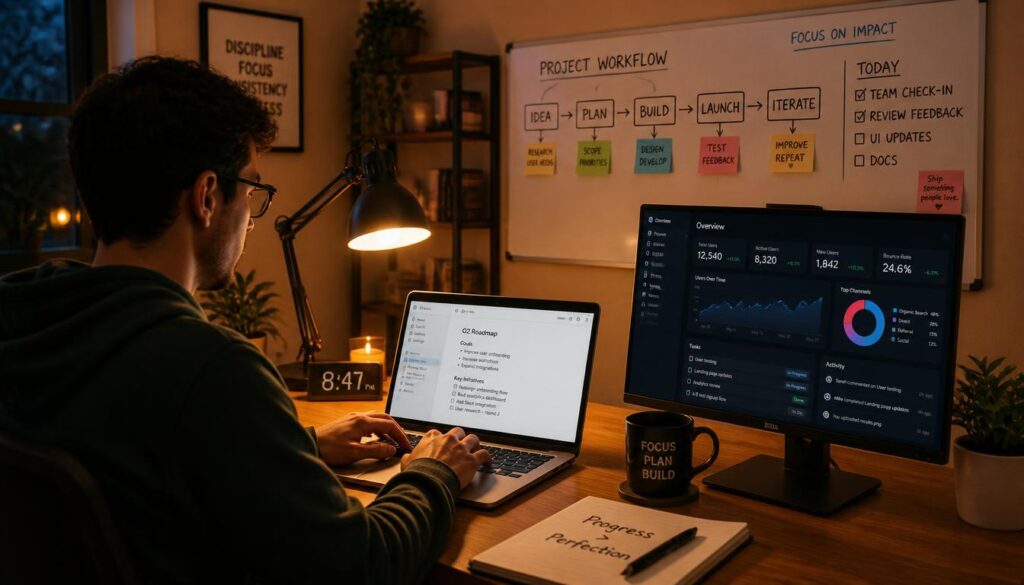 A person working on a laptop at a cozy home office in the evening