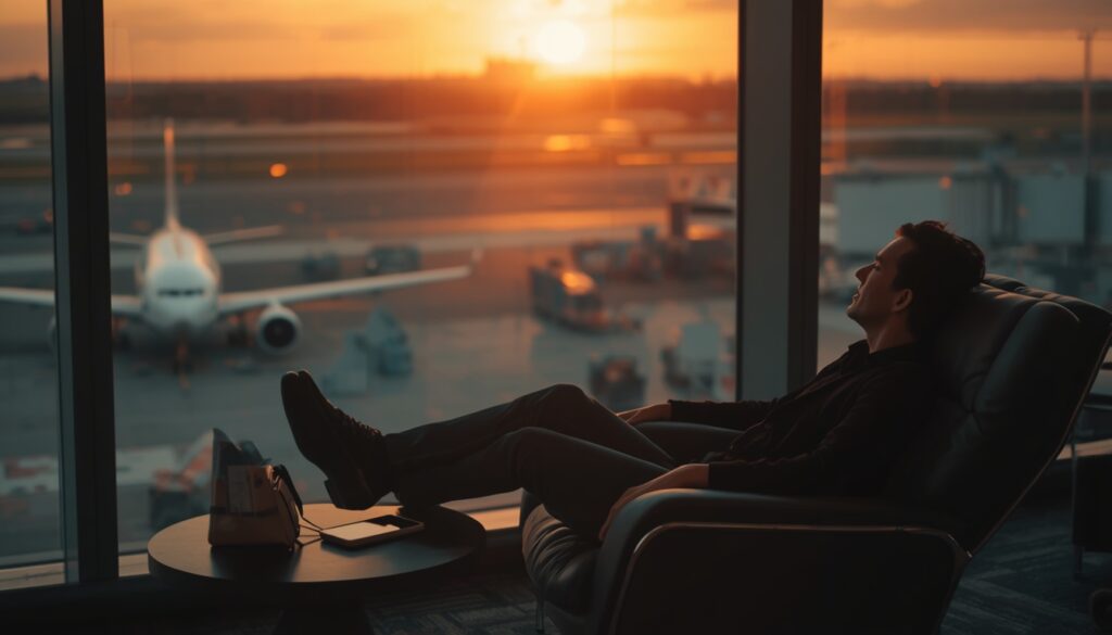 A serene airport lounge scene with a traveler relaxing in a leather chair