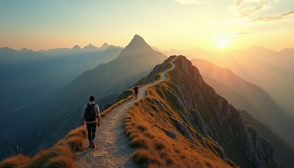 A serene landscape showing a solitary hiker steadily walking up