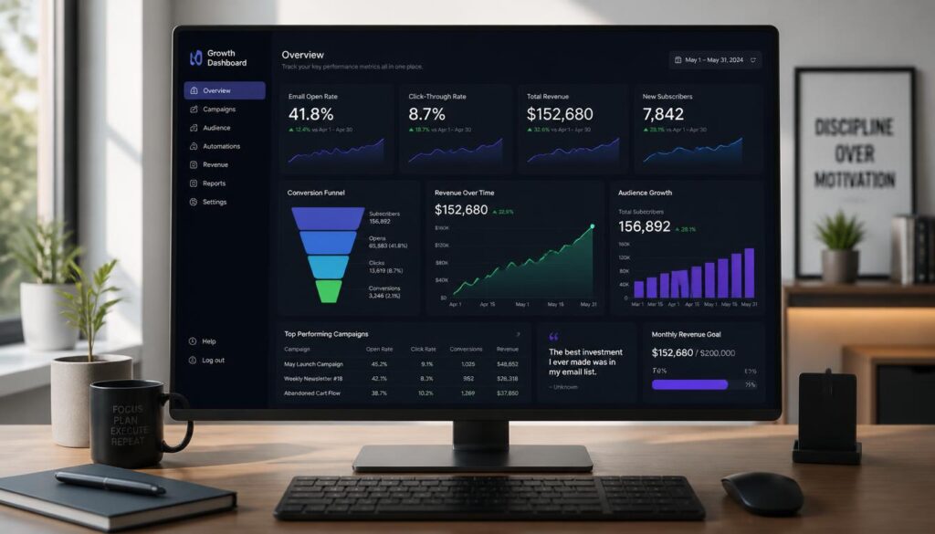 A sleek dashboard display on a modern monitor showing key performance metrics