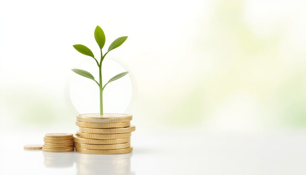 A small plant growing from coins symbolizing compound interest and how small beginner investments grow into significant wealth over time.