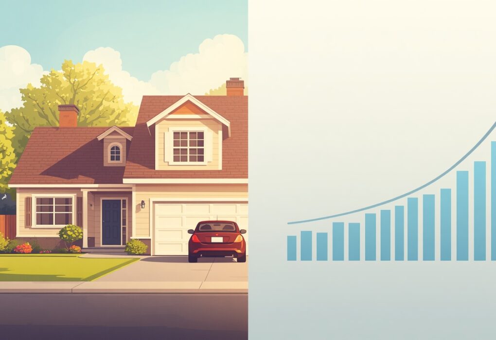 A split-screen illustration showing a modest suburban home with a simple car in the driveway