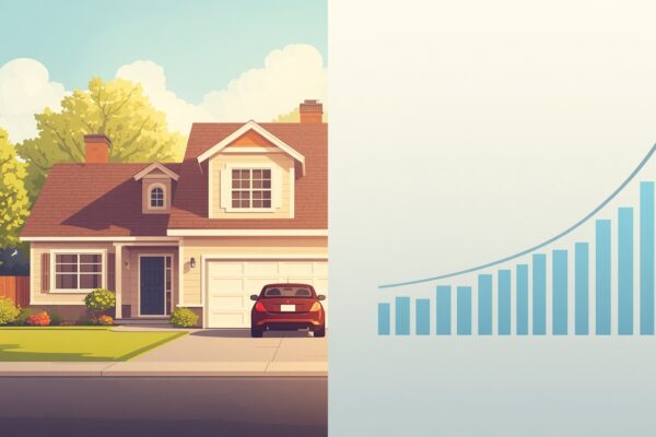 A split-screen illustration showing a modest suburban home with a simple car in the driveway