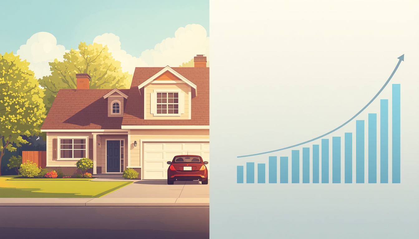 A split-screen illustration showing a modest suburban home with a simple car in the driveway