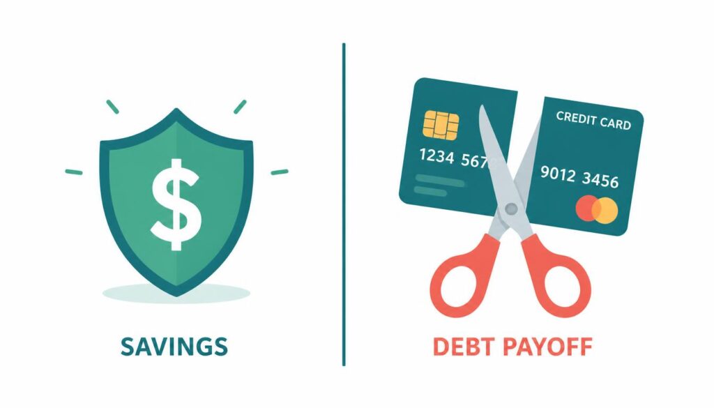 A split-screen style illustration on the left side, a small green shield labeled with a dollar sign representing savings